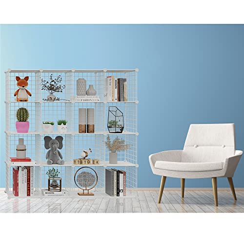 HUBSON Wire Cube Storage Organizer, Book/Toy/Craft/Potted Plants and Pet Closet Organizers, 16-Cube Freely Combinable Metal Grid Storage Shelves, White Plus Iron - color: White Plus Iron, size: 16 Cubes