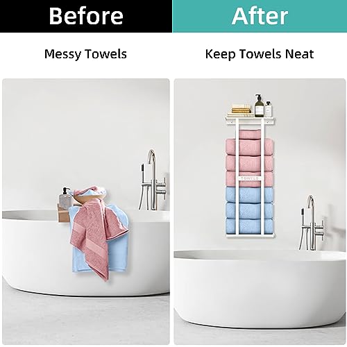 STWWO Wall Towel Rack for Rolled Towels, Towel Storage for Small Bathroom Can Holds 6 Large Towels, 30 inch Towel Racks with Shelf, White - color: White, size: 30 IN