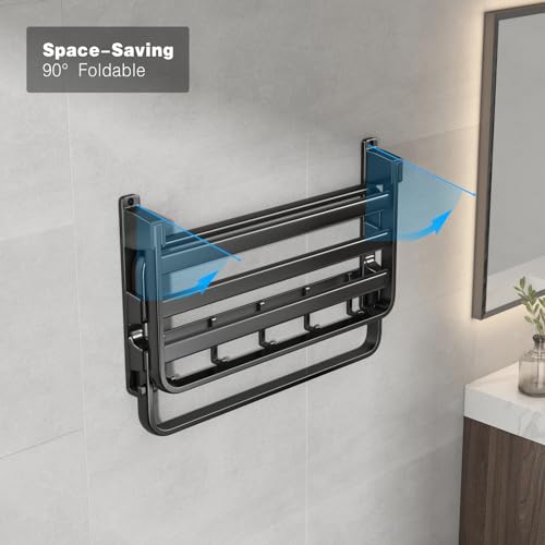 VOLDRA 24-Inch Towel Rack,Bathroom Towel Shelf with 2 Towel Bar Foldable Towel Holder with 7 Hooks Towel Storage Organizer for Bathroom & Lavatory Wall Mounted (Matte Black) - color: Matte Black, size: Extra 2 towel bar