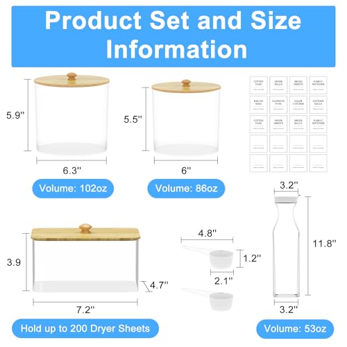 3+1 Pack Laundry Pods Containers & Dryer Sheet Holder & Laundry Detergent Dispenser, Laundry Room Organization and Storage Jars with Lids, Labels and Scoops for Scent Booster, Powder, Pods - color: Wood