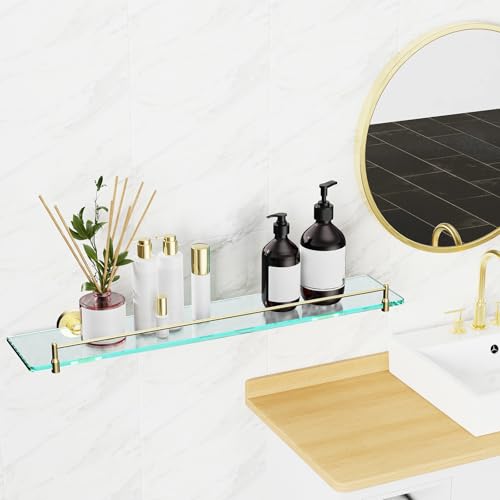 24 Inch Glass Bathroom Shelves,Brushed Gold Floating Shelves for Wall Rectangular Modern Stainless Steel Glass Shelf for Bathroom Shelves Wall Mounted - color: Brushed Gold, size: 24"with railing
