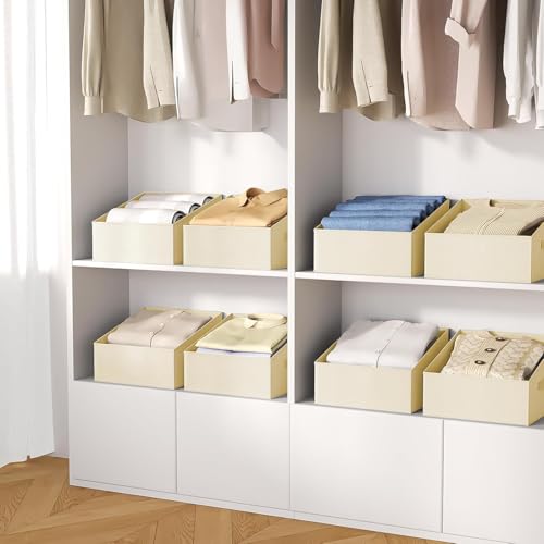 DIMJ Closet Storage Bins - Fabric Storage Baskets for Shelves, Collapsible Closet Organizers and Storage with Handles, Trapezoid Shelf Organization Storage Cubes for Purse, Toys, Books, Towel, Socks - color: Beige, size: 10 Bins 11.4"x11.4"x7.8"