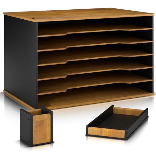 Wooden Paper Organizer 20.25"W x 12.25"H x 13.25"D, 6-Tier Storage for 12"x18" & 11"x17" Sheets, Includes Matching Pen Holder & Tray, Ideal for Office, Home, Art Room and Classroom - size: full set 20.25"W x 12.25"H x 13.25"D