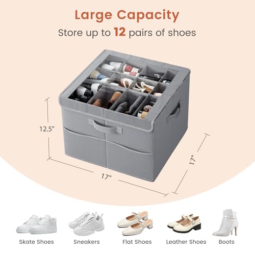 PHINOX Shoe Organizer for Closet, Fits 12-24 Pairs, Shoe Storage Bins with Clear Cover and Reinforced Handles, Foldable Shoe Storage Organizer, Space Saving Shoe Holder for Wardrobe, 1 Pack Gray - color: Gray, size: 1 Pack-17''L x 17''W x 12.5'' H
