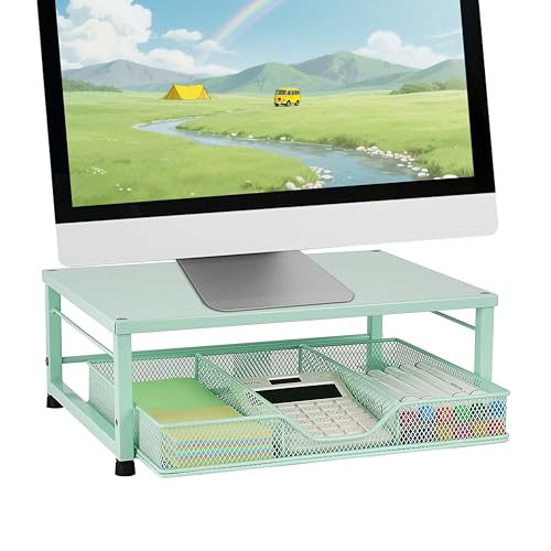 Small Laptop Stand for Desk, Monitor Stand Riser, Office Desk Accessories, Computer Desktop Stand with Drawer for Home, Office, School (Mint Green) - color: Mint Green