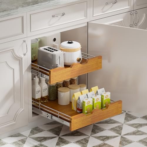 DINDON 2 Tier Pull Out Cabinet Organizer (17" W x 21" D) Slide Out Wood Shelf Double Tier Kitchen Wire Basket With Chrome Finish… - size: 17'' W X 21'' D