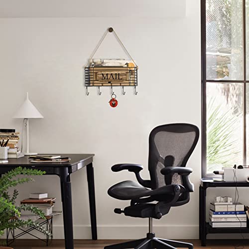 SRIWATANA Mail Holder, Rustic Mail Organizer Wall Mount Hanging Mail Sorter Letter Basket with 5 Key Holder for Wall, Large, Carbonized Black - color: Carbonized Black, size: Large