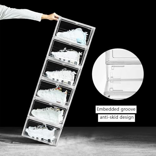 12 Pack Shoe Boxes, Clear Acrylic Stackable Plastic Sneaker Box Container, Magnetic Drop & Side Open Shoe Organizer Case Container With Lids Fits Up to Size 14 (Crystal Clear) - color: Crystal Clear