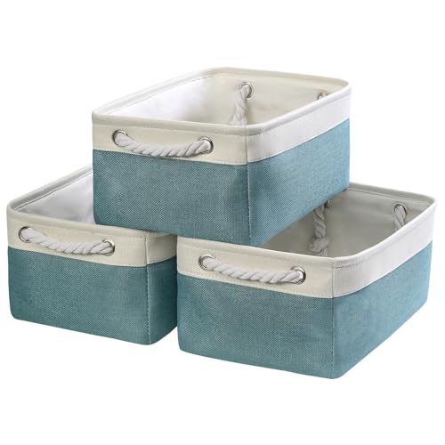 TheWarmHome Fabric Storage Bins Baskets for Organizing,Sturdy Storage Basket W/Handles, Decorative Foldable Storage Baskets for Shelves Closet Nursery Toy (White&Teal, Medium - 3 Pack) - color: White And Green, size: 3PCS/Medium -13.8Lx9.8Wx6.7H