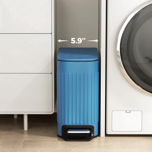 TrashAid Slim Bathroom Trash Can with Lid Soft Close, 6 Liter/1.6 Gallon Stainless Steel Small Garbage Can with Removable Inner Bucket, Step Pedal, Slim Wastebasket for Toilet, Office, Bedroom, Blue - color: Blue