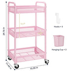 YASONIC 3 Tier Rolling Cart – Metal Utility Storage Cart with Wheels, Craft Cart Organizer with Hanging Cups, Hooks, Mesh Basket for Bedside Kitchen Office Art, Pink - color: Pink