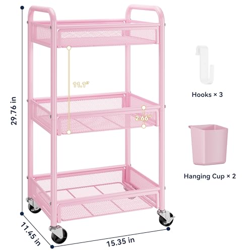 YASONIC 3 Tier Rolling Cart – Metal Utility Storage Cart with Wheels, Craft Cart Organizer with Hanging Cups, Hooks, Mesh Basket for Bedside Kitchen Office Art, Pink - color: Pink