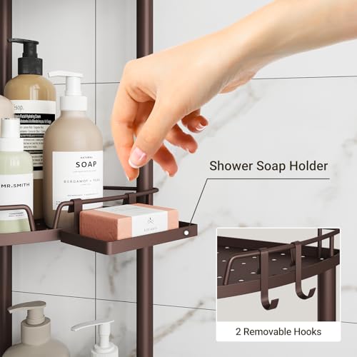ELYKEN Corner Shower Caddy Standing, 3 Tier Rustproof Metal Shower Organizer with Soap Holder, Floor Shower Corner Shelf Rack Storage Stands with Adjustable Feet & 2 Hooks for Bathroom, Bronze - color: Bronze, size: 3 Tier