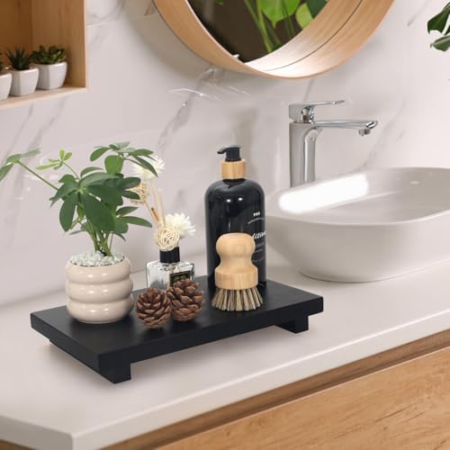 Black Wooden Bathroom Tray Decorative Kitchen Countertop Trays Farmhouse Wood Riser Pedestal Stand Dish Soap Dispenser Holder for Kitchen Counter Bathroom Sink Organizer Accessories Decor Vanity Tray - color: Black, size: 10" x 6" x 1.6"