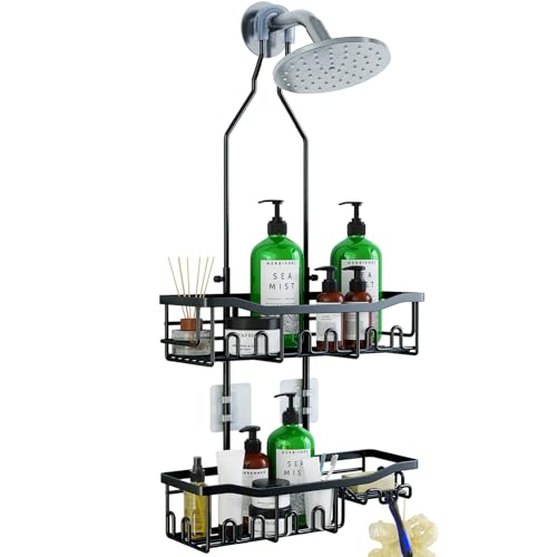 Upgraded Extended Length Shower Organizer with Hooks, Rustproof Shampoo Soap Holder, Large Hanging Bathroom Caddy - color: Black - 2 Tier - Standard