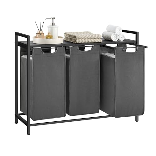 VASAGLE Laundry Hamper, Laundry Basket, Laundry Sorter with 3 Pull-Out and Removable Bags, Shelf, Metal Frame, 3 x 10.6 Gallons (40 L), 36.4 x 13 x 28.4 Inches, Slate Gray and Charcoal Gray UBLH301G01 - color: Slate Gray + Charcoal Gray, size: 3 Bags - 12