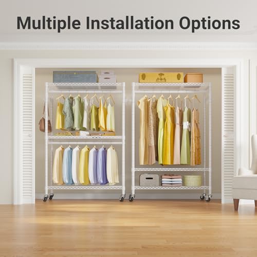 VIPEK R2 Plus Rolling Garment Rack 3 Tiers Adjustable Wire Shelving Clothes Racks with Wheels, Freestanding Wardrobe Storage Rack Heavy Duty Metal Clothing Racks for Hanging Clothes, White - color: White, size: R2 Plus