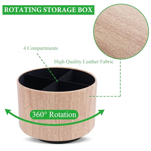Round Leather Art Supply Organizer,Remote Control Holder,360 Degree Spinning,Multi-Functional Pencil Holder,4 Compartments Desktop Stationary Organizer(1-Thin Wood Yellow) - color: 1-Thin Wood Yellow
