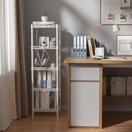 GIOTORENT 5 Tier Standing Shelving Metal Units, Adjustable Height Wire Shelf Display Rack for Laundry Bathroom Kitchen 11.8 W x 11.8 D x 50 H (5-Tier, White) - color: White, size: 11.8D x 11.8W x 50.0H (5Tier)