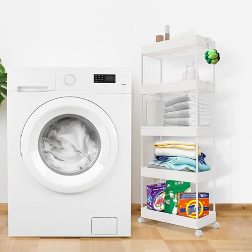 SPACEKEEPER 5-Tier Storage Cart Organizer Rolling Utility Cart, Mobile Shelving Unit Slide Out Storage Shelves for Kitchen Living Room Bathroom Laundry Room & Dressers, White - color: White, size: 5 Tier