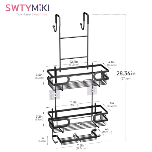 SWTYMIKI Over the Door Shower Caddy Hanging with Double Soap Holder, Hanging Shower Organizer with 16 Hooks, No Drilling Shower Shelves Over Door, Bathroom Rack and Storage, Black - color: Black