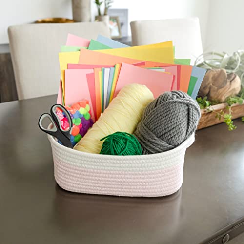NaturalCozy 5-Piece Rectangle Storage Basket Set- Natural Cotton Rope Woven Baskets for Organizing! Small Basket for Montessori, Baby Nursery, Dog Toy Baskets, Cat Toy Box, Bathroom Organization Bin - color: Off White & Mixed Pink