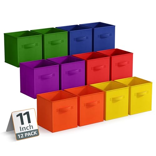 Sorbus 11 Inch Storage Bins - Sturdy Collapsible Fabric Storage Cubes with Handle - 12 Foldable Baskets for Organizing Clothes, Toys, Books - Storage Baskets for Shelves, Closets - color: 12 Pack Deep Rainbow, size: 11 Inch