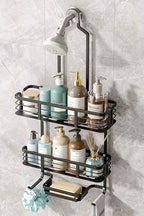 Shower Caddy Hanging, Never Rust Aluminum Shower Organizer, Over Showerhead No Drilling Shower Racks, with Soap Holder Multi Hooks Bathroom Storage for Shampoo Sponge,Silvery - color: Black