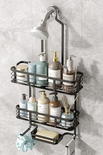 Shower Caddy Hanging, Never Rust Aluminum Shower Organizer, Over Showerhead No Drilling Shower Racks, with Soap Holder Multi Hooks Bathroom Storage for Shampoo Sponge,Silvery - color: Black
