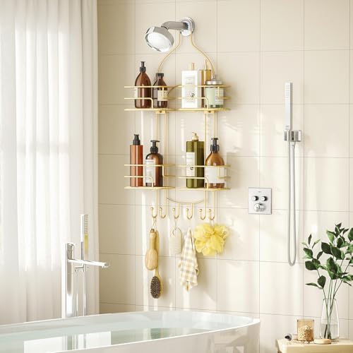 SRIWATANA Shower Caddy Hanging, Bathroom Organizer, No Drilling Shelves Over Shower Head, Bath Rack Holder with Hooks for Razors and Sponge - Gold - color: Gold