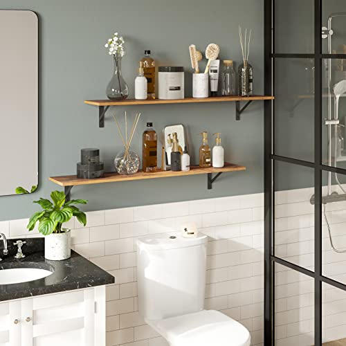 DINZI LVJ Long Wall Shelves, 39.4Inch Wall Mounted Shelves Set of 2, Easy-to-Install, Wall Storage Ledges with Sturdy Metal Brackets for Living Room, Bathroom, Bedroom, Kitchen, Rustic Brown - color: Rustic Brown, size: 39.4 Inch