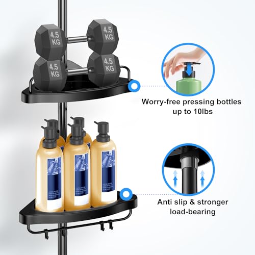 HAMITOR Corner Shower Caddy Tension Pole: Adjustable Stainless Steel Shower Organizer 4 Tier Shelf for Bathroom Bathtub Shampoo - Floor Standing Rack Bath Storage Holder with Rust Proof Rods - Black - color: Black