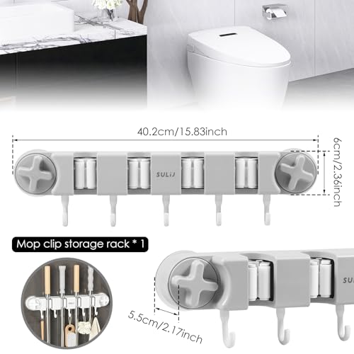 Broom Holder Wall Mount Sturdy Mop and Broom Organizer with 4 Racks and 5 Hooks Vacuum Suction Cup Broom Mop Holder for Home, kitchen, Garden, Tools, Garage (grey) - color: Grey