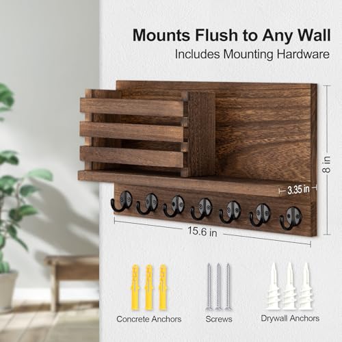 Lwenki Key Holder for Wall – Decorative Wooden Mail Holder and Key Shelf with Mounting Hardware, Installation Guide – Paulownia Wood with Metal Key Hooks (Brown, Extra Large - 15.6inch) - color: Brown, size: Extra Large - 15.6inch