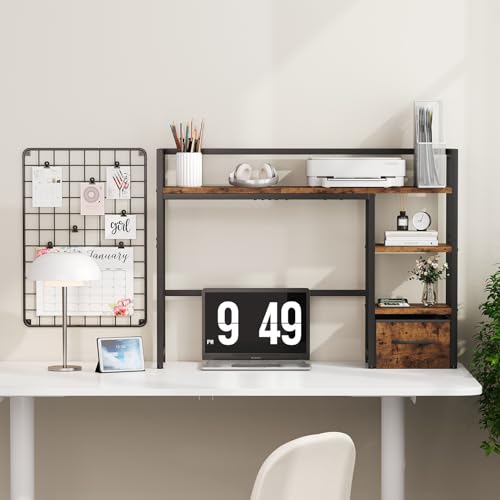 Marbrasse Desk Shelf with Drawer, 40" Desk Hutch for Computer Monitor, Wooden Desktop Bookshelf Storage Rack for Home Office Dorm - Dark Brown - color: Dark Brown