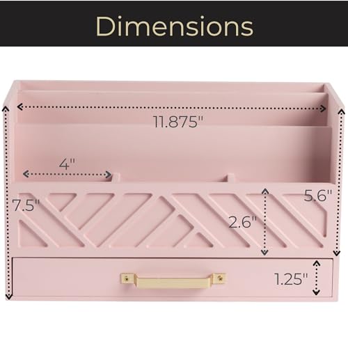 BLU MONACO | Pink Desk Organizers Wooden Mail Organizer with Drawer | Mail Sorter Organizer Countertop Gold Handle | Desk Organizers and Accessories Pink Office Storage - color: Pink