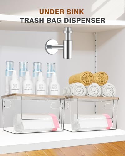 Trash Bag Dispenser 2 Pack, Stackable Acrylic Garbage Bags Dispenser with Bamboo Lid, Extra Large Clear Under Sink Organizer for 13/30/33 Gallon Bags, Kitchen, Cabinet, Laundry Room Storage - size: XL- 2 PACK
