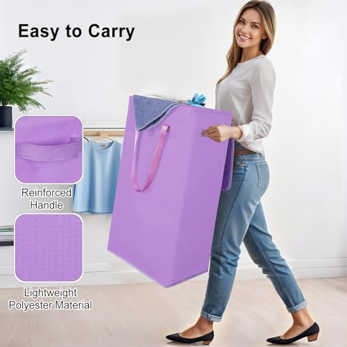 Odonata 75L Slim Laundry Hamper with Lid,Large Foldable Laundry Basket with Removable Bag and Handles Tall Collapsible Dirty Clothes Basket Great for Bedroom, Bathroom, Dorm, College,RV.(Purple, 75L) - color: Purple