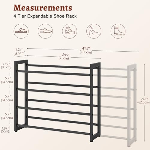 FAVOOSTY 4-Tier Expandable Shoe Rack, Adjustable Shoe Shelf Storage Organizer Space Saving Metal Free Standing Shoe Rack for Entryway Closet Doorway, Black - color: Black, size: 4 Tier