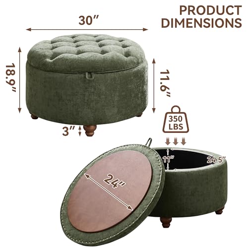 WUTUTUEE 30Inch Round Storage Ottoman with Tray, Modern Tufted Circle Coffee Table with Storage, Upholstered Ottoman with Removable Top for Living Room, Bedroom, Chenille Green - color: Chenille Green, size: 30 Inch