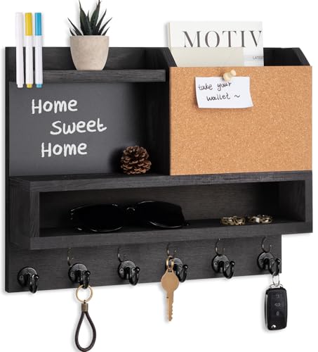 Key Holder for Wall Mount with Mail Organizer, Farmhouse Key Holder for Wall with Shelf, Chalkboard&Corkboard, Entryway Organizer 11 Metal Hooks, Decorative Natural Pine Wood, 14.6*11.1*3.3”, B-Black - color: Black-b
