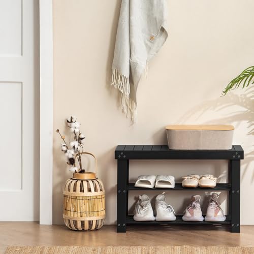 Apicizon Bamboo Shoe Rack for Entryway, 3-Tier Shoe Rack Bench for Front Door Entrance, Small Shoe Organizer with Storage, Black - color: Black, size: 27.6 Inches No Cushion