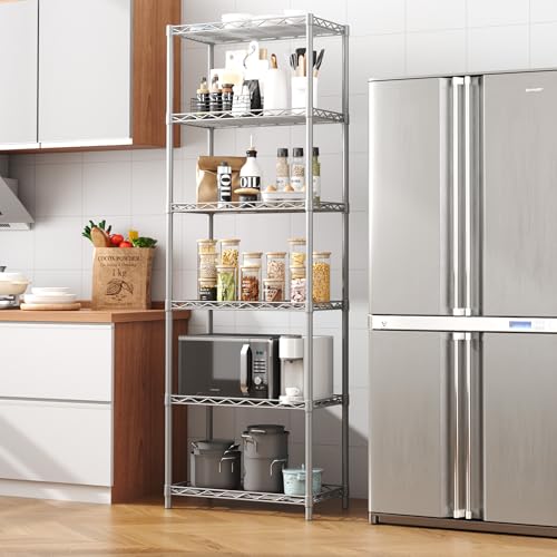 HOMEFORT 6-Tier Wire Shelving, 6 Shelves Unit Metal Storage Rack, Closet Shelves for Kitchen, Pantry, Closet, Bathroom, 14" D x 21" W x 75.6" H (Grey) - color: Silver, size: 21"W x 11"D x 67"H