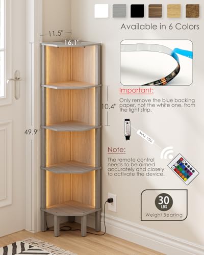 Corner Shelf Stand, 5 Tier Corner Bookshelf,Corner Furniture for Bedroom Display Corner Shelf for Small Space,Wood Shelves with Storage Rack for Living Room,Office,Gray - color: Grey