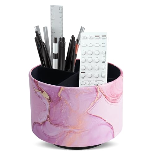 Round Leather Art Supply Organizer,Remote Control Holder,360-degree Rotating Pen Organizer with 4 Compartments(1-Pink Splash Ink) - color: 1-Pink Splash Ink