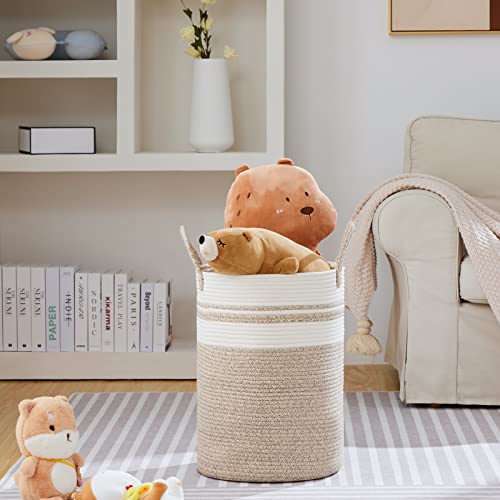 VIPOSCO Large Laundry Hamper, Tall Woven Rope Storage Basket for Blanket, Toys, Dirty Clothes in Living Room, Bathroom, Bedroom - 58L Brown & White - color: Brown & White, size: 58L
