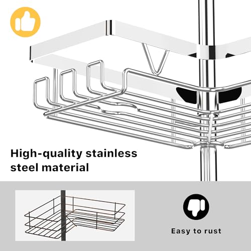 KEGII Corner Shower Caddy Tension Pole - Chrome 4-Tier Adjustable Shower Tension Rod Organizer with Hooks & Soap Holders, 25-114.2 Inch Stainless Steel Shower Storage Rack for Renters & Family - style: Tension Caddy - Chrone