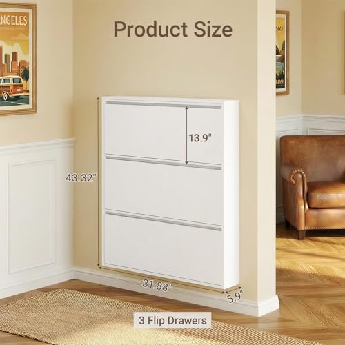 Shoe Cabinet with 3 Flip Drawers, Slim Metal Wall-Mounted Shoe Storage Organizer for Entryway, Hallway, Mudroom, Hidden Narrow Rack, White - style: 3 Flip Drawers