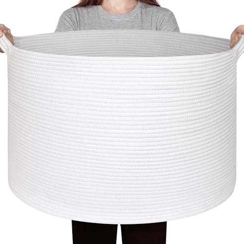 Large White Blanket Basket, 22"x14" Woven Cotton Rope Baskets for Organizing, Kids Dog Toy Bin Box, Large Wicker Blanket Storage for Living Room, Throw Pillow Holder Organizer, Shoe Towel Bin - color: White