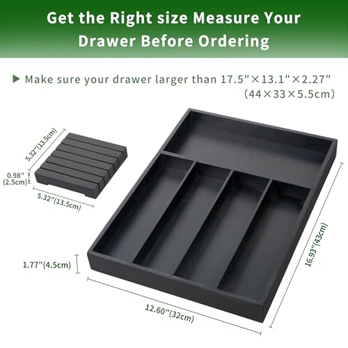 VaeFae Bamboo Silverware Organizer, Utensil Holder for Drawer, Wooden Cutlery Tray with Divider for Kitchen Drawer, Utensil Organizer with Knife Block（Black） - color: Black, size: Small - Non-expandable with Block